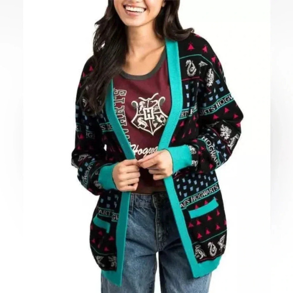 NWT Bioworld Harry Potter Hogwarts House Holiday Cardigan Sz L & XL - Picture 2 of 11